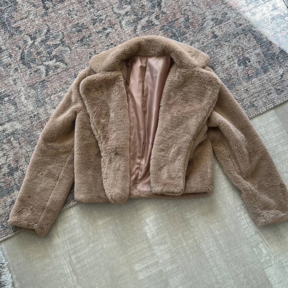 Cropped brown faux fur jacket